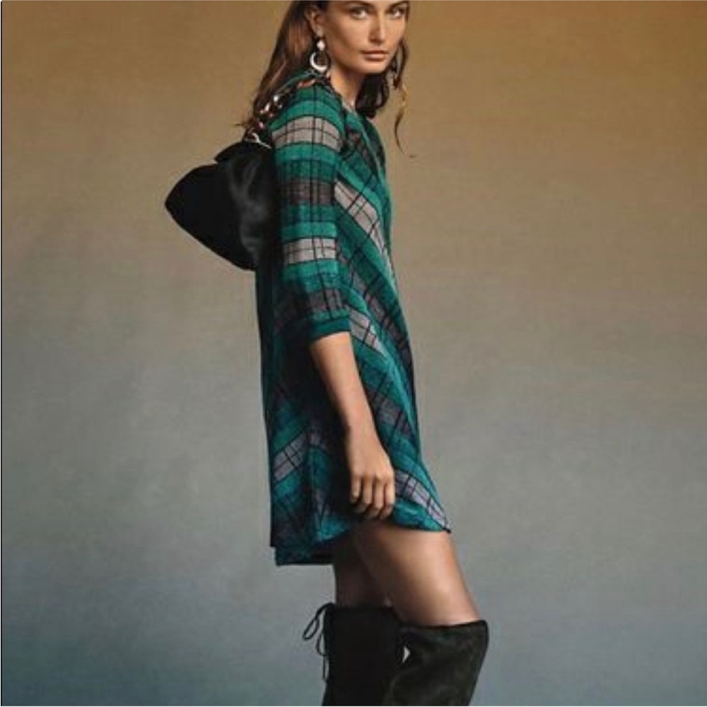 ANTHROPOLOGIE Aldomartins Plaid Knit Dress Wool Mohair Blend Green & Gray Small